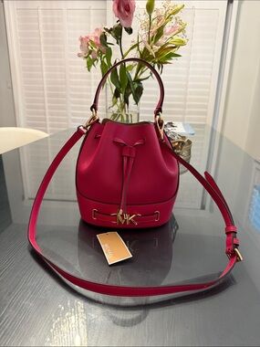 MICHAEL Michael Kors Reed Electric Pink Pebbled Leather Belted Bucket Bag